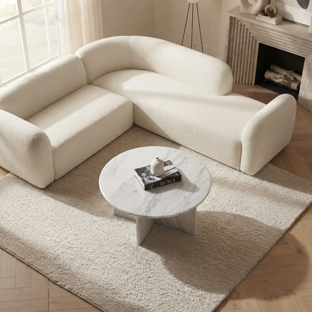Close-up of Santa Helena marble veining on round coffee table top