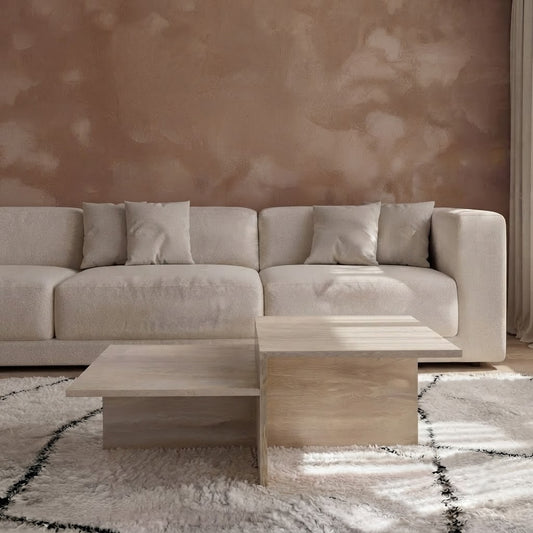 Close-up of natural travertine veining on two-tier stone coffee table