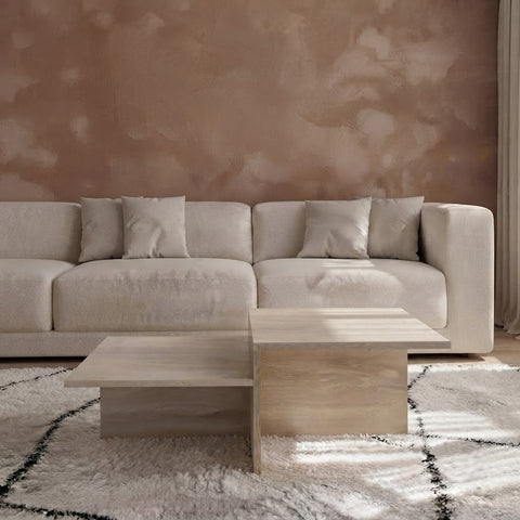 Close-up of natural travertine veining on two-tier stone coffee table