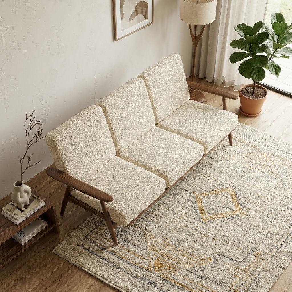 Coastal style three seater sofa with textured boucle fabric