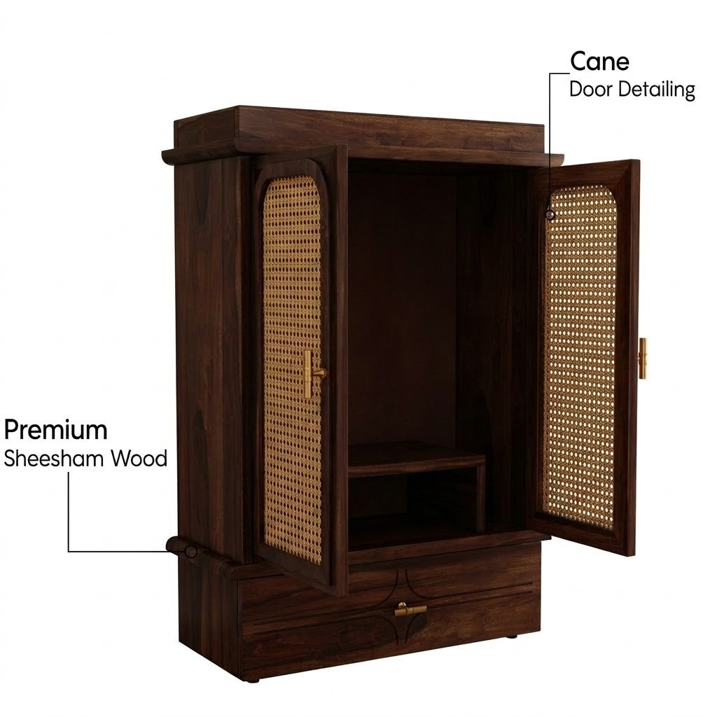 Compact Sheesham wood pooja temple with storage drawer