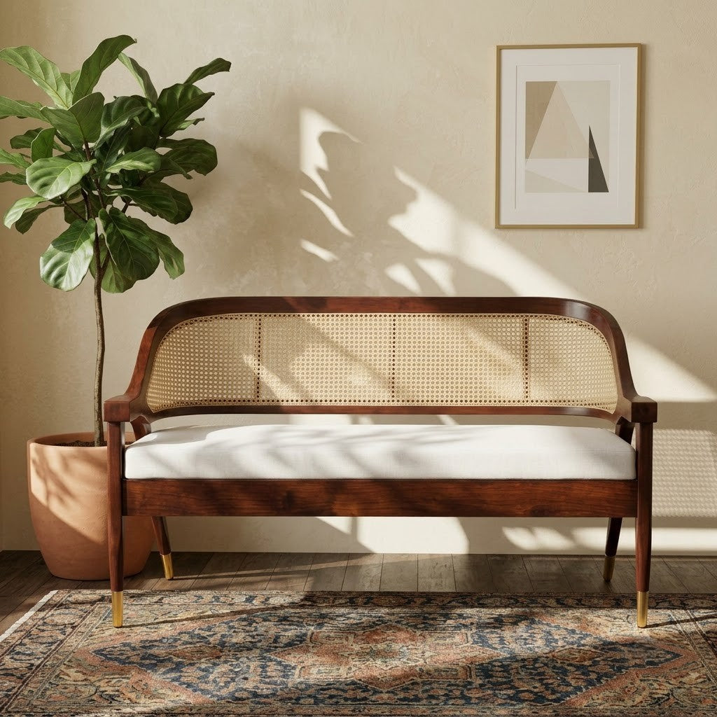 Compact wooden cane sofa with handcrafted style