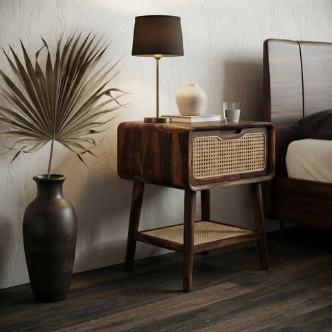 Contemporary Dark Walnut Wooden Bedside Cabinet with Cane Front