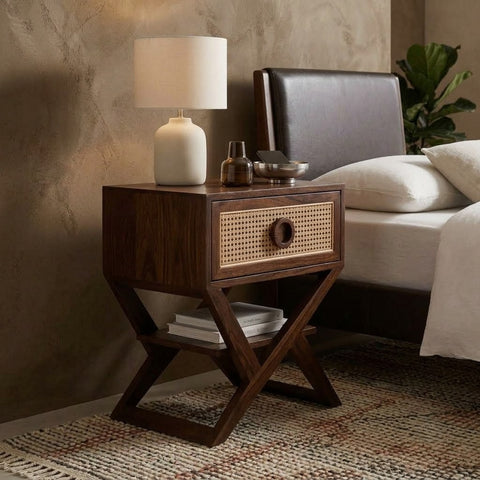 Contemporary Dark Walnut bedside cabinet with woven cane front