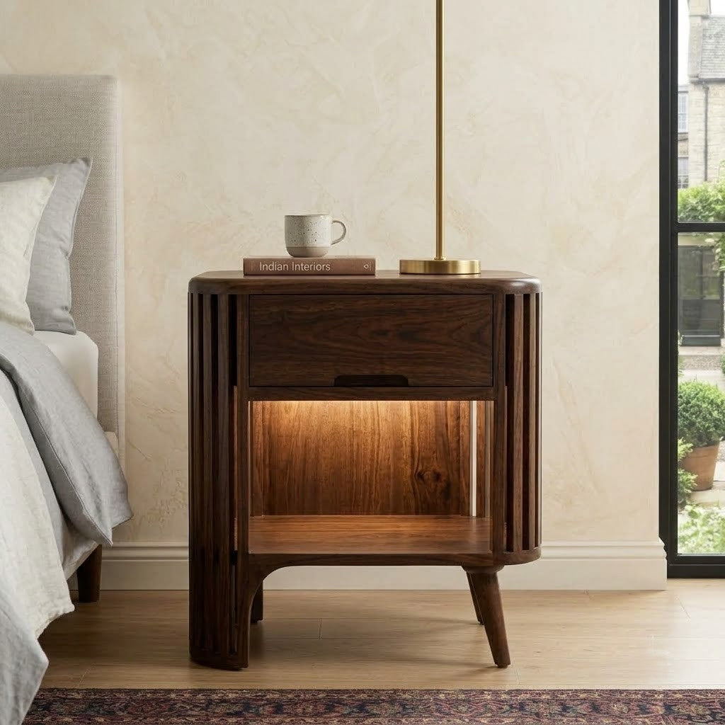 Contemporary Dark Walnut wooden bedside cabinet with open compartment