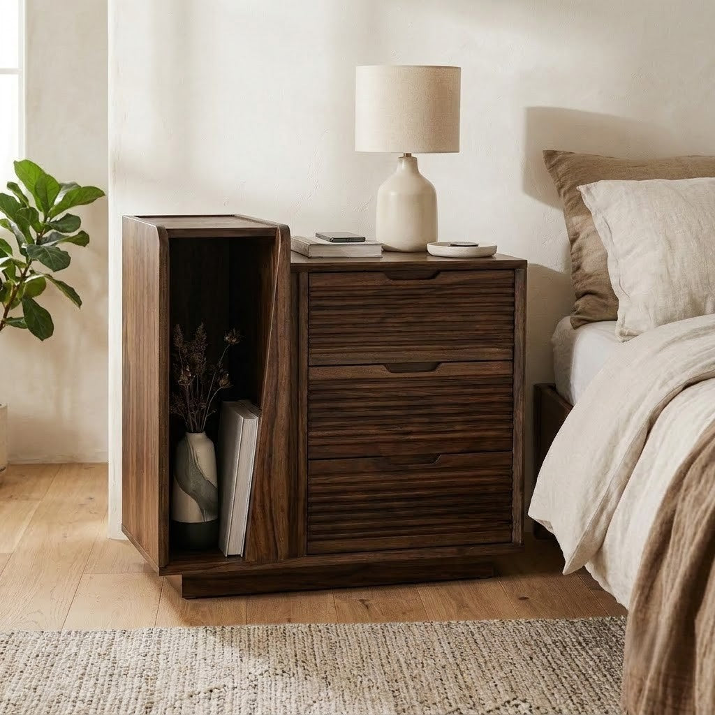 Contemporary Dark Walnut wooden bedside table for bedroom