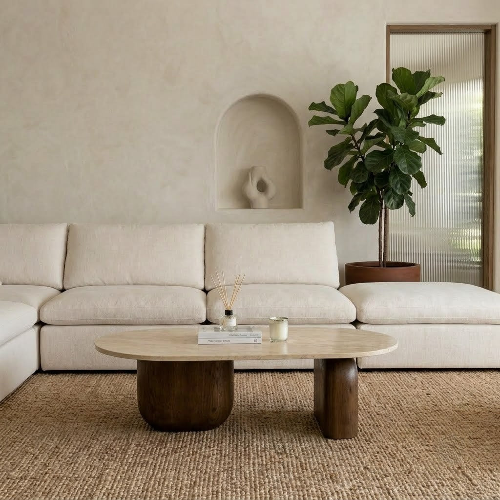 Contemporary PRITI oval marble coffee table in travertine finish