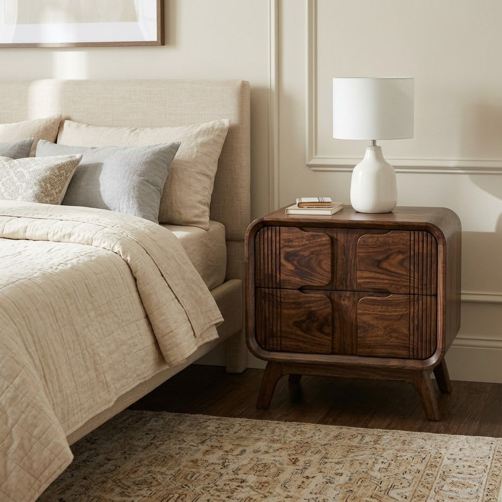 Contemporary Sheesham Wood Nightstand in Dark Walnut