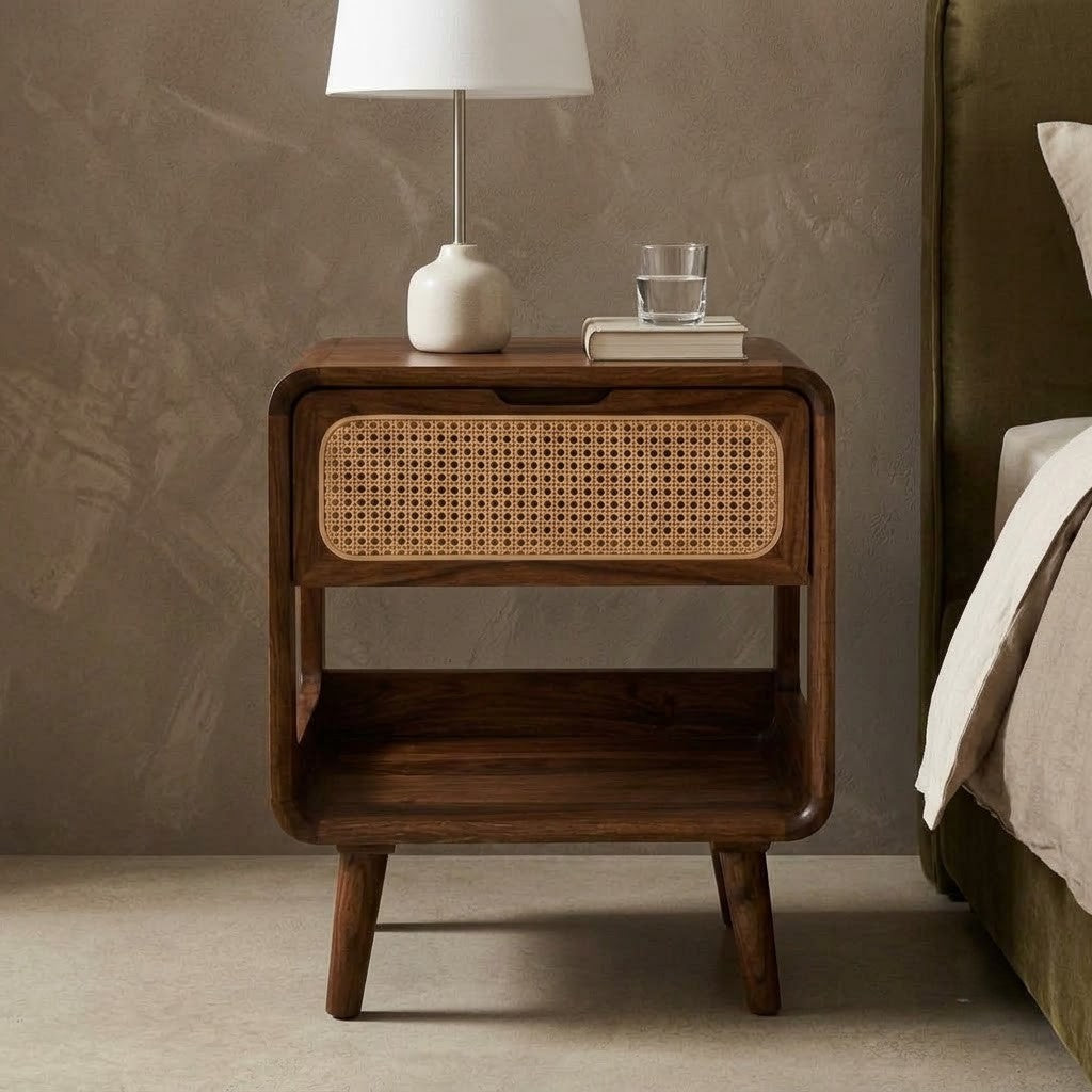 Contemporary Sheesham wood bedroom side table with cane detailing