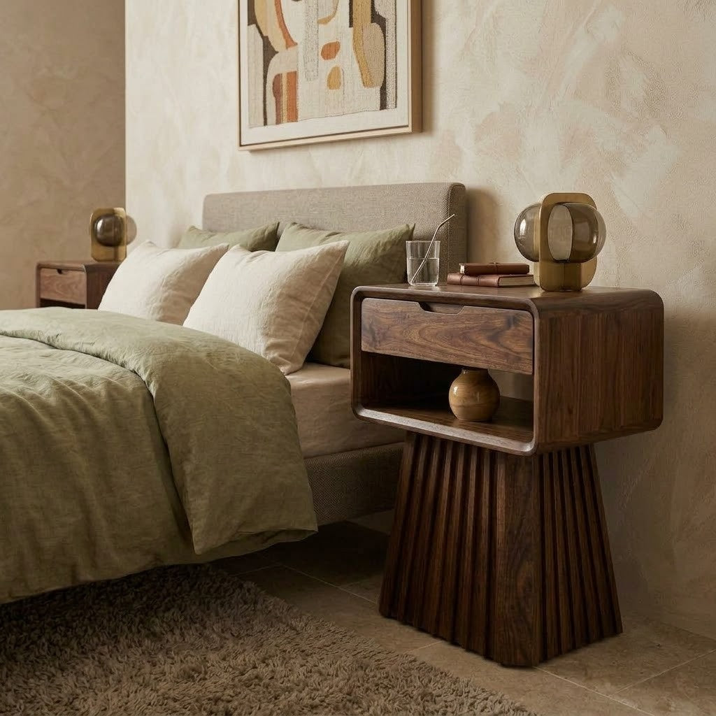 Contemporary Sheesham wood bedroom side table with open shelf