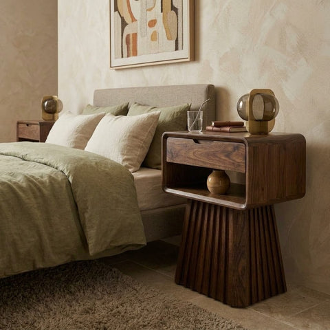 Contemporary Sheesham wood bedroom side table with open shelf
