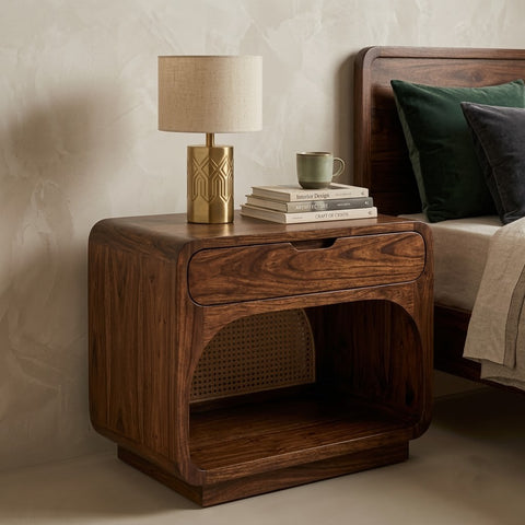 Contemporary Sheesham wood bedside table with cane detailing