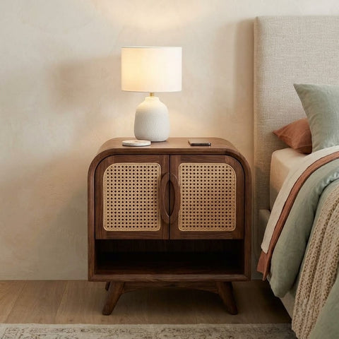 Contemporary Sheesham wood bedside table with cane door storage