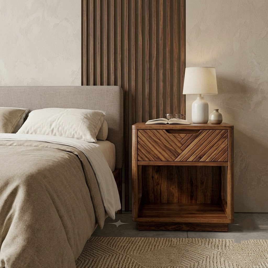 Contemporary Sheesham wood bedside table with patterned drawer