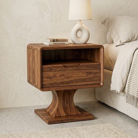 Contemporary Sheesham wood nightstand with drawer and pedestal base