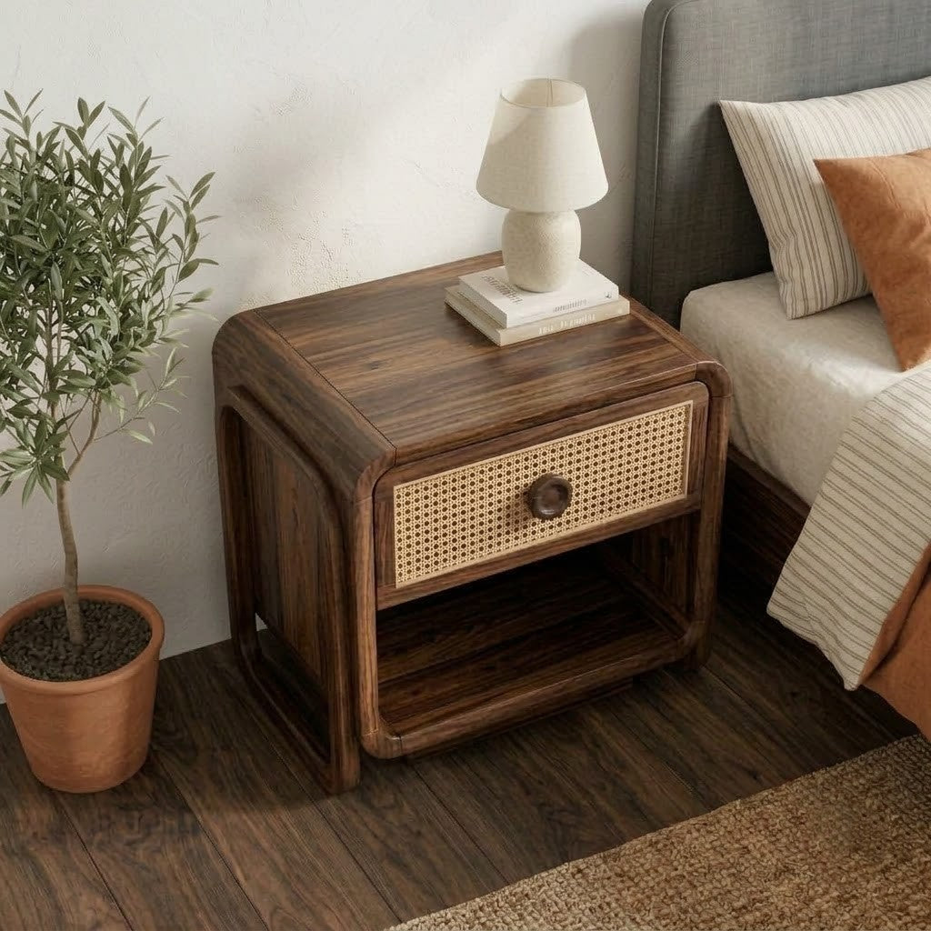 Contemporary Sheesham wood nightstand with storage