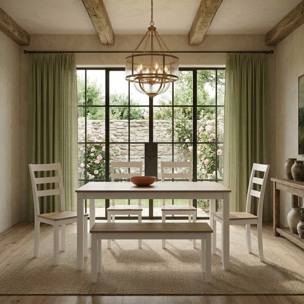Contemporary dining furniture set with white frames and wooden tabletop