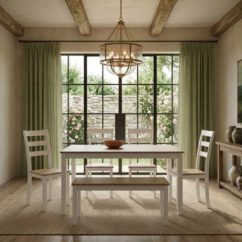 Contemporary dining furniture set with white frames and wooden tabletop