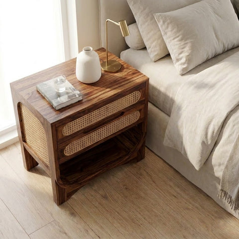 Contemporary wooden nightstand with cane drawer detailing