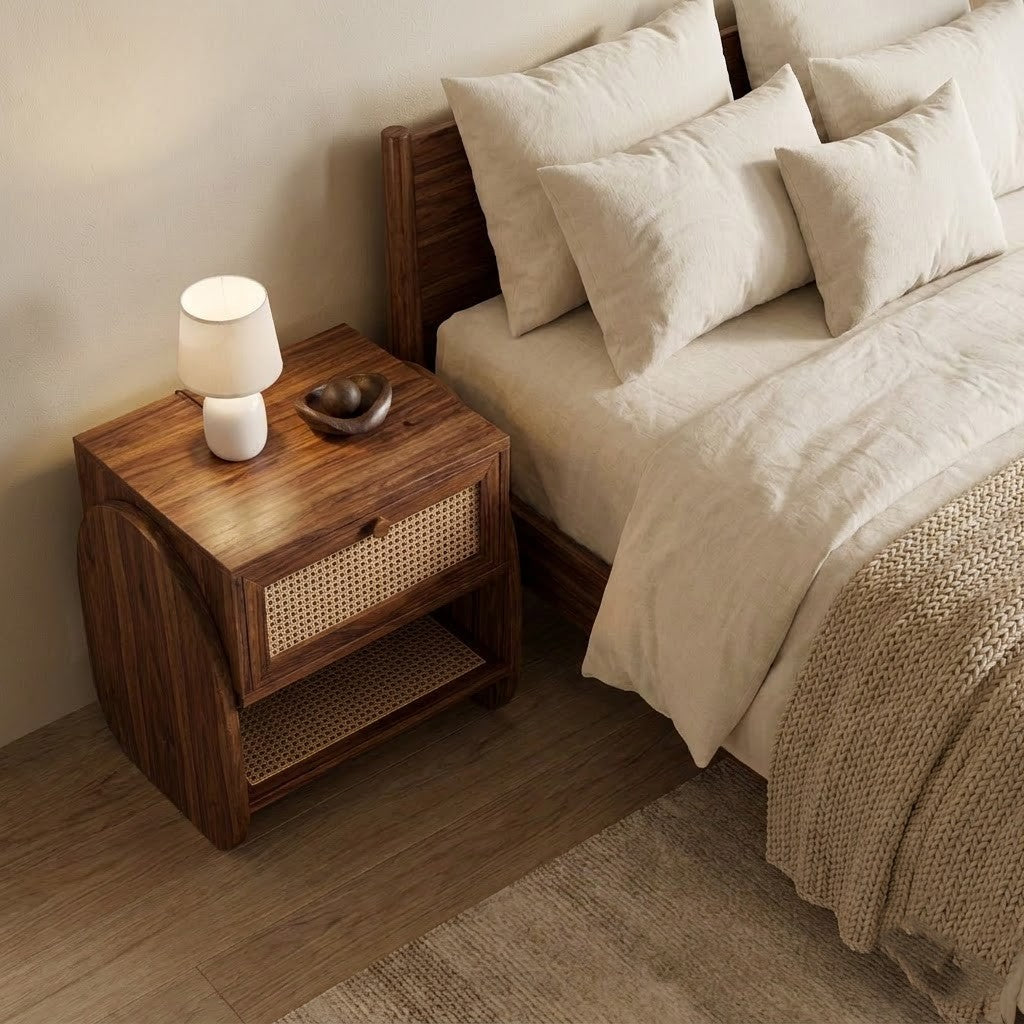 Contemporary wooden nightstand with drawer and open shelf
