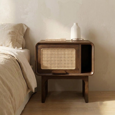 Contemporary wooden nightstand with drawer and open storage