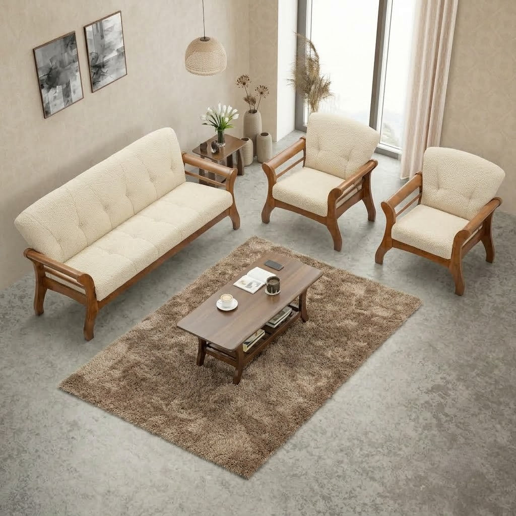 Crème Boucle fabric sofa set with lacquer finished wooden frame