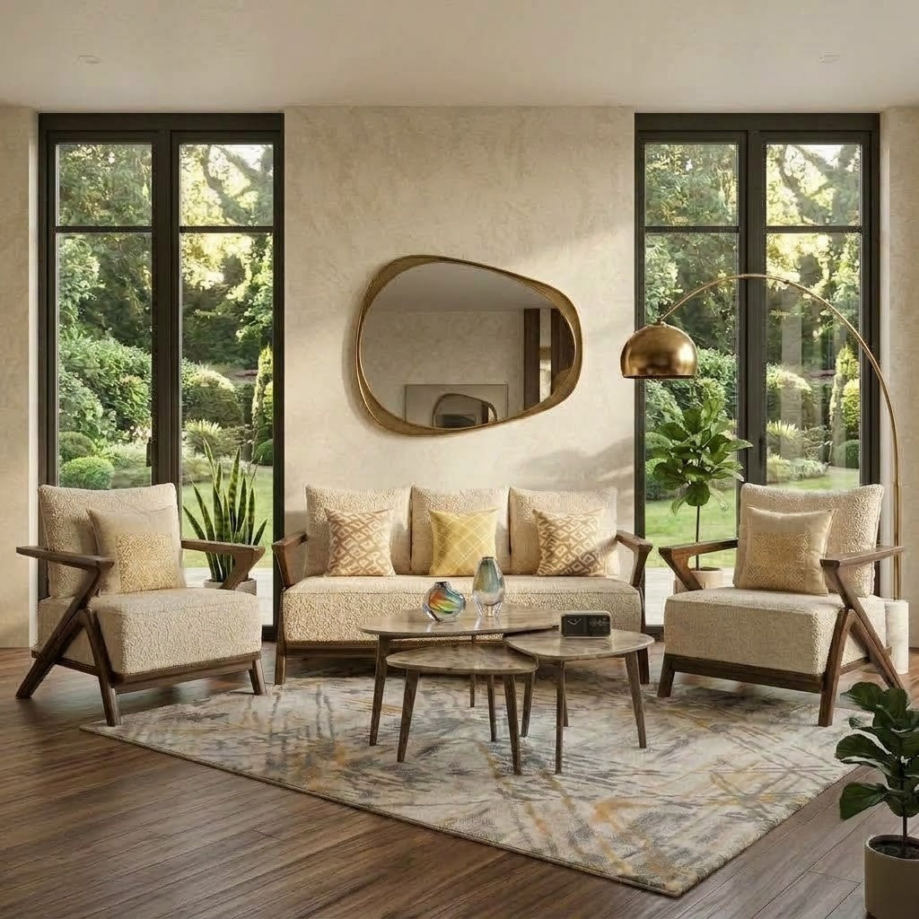 Crème Boucle upholstered wooden sofa set with high density foam