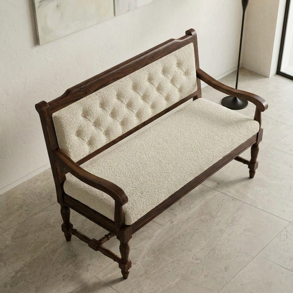 Crème boucle upholstered wooden bench with curved arms and Dark Walnut finish