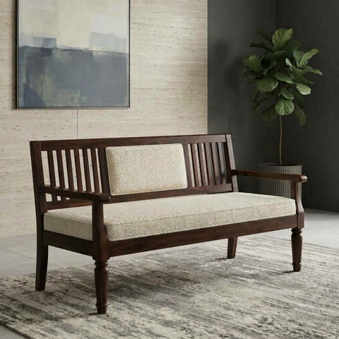 Crème boucle upholstered wooden bench with curved arms and slatted backrest