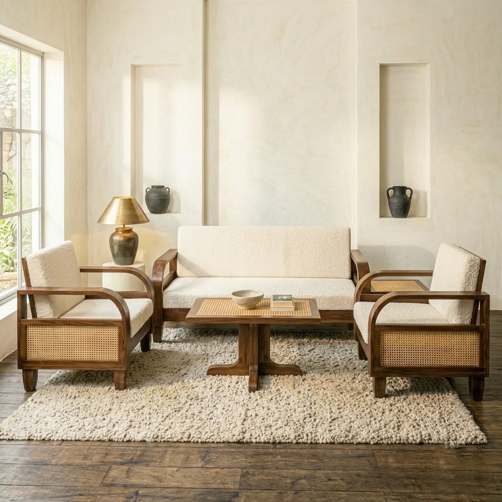Cream Boucle Sofa Set – Solid Sheesham Wood with Woven Cane Detailing