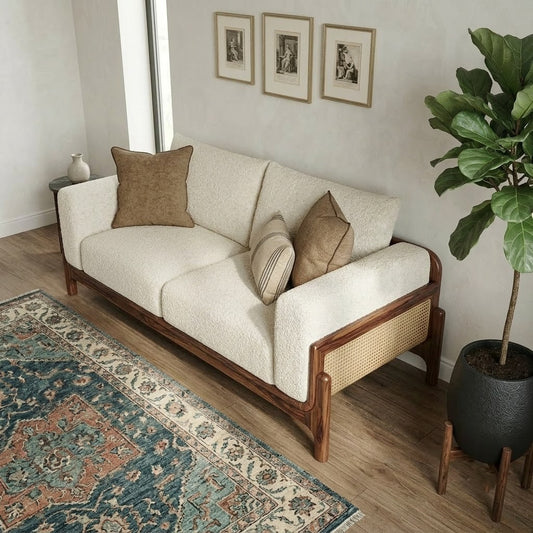Cream Boucle Sofa with Cane Armrests | Solid Sheesham Wood Frame