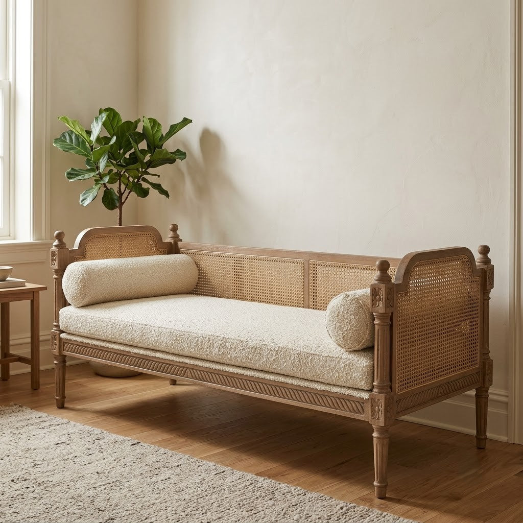 Cream boucle upholstered sofa with Mango Wood frame