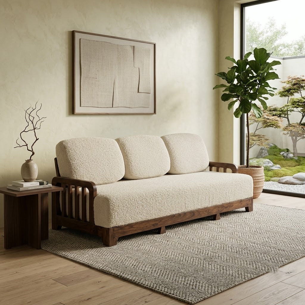 Creme boucle fabric sofa with dark walnut Sheesham wood frame