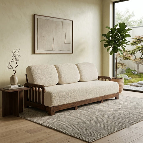 Creme boucle fabric sofa with dark walnut Sheesham wood frame