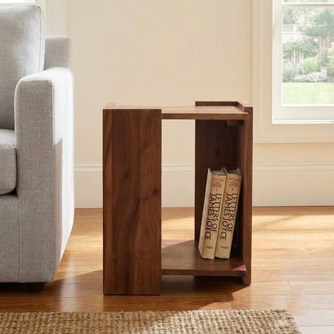 Dark Brown Wooden Side Table | Solid Acacia Sofa End Table with Open Shelf