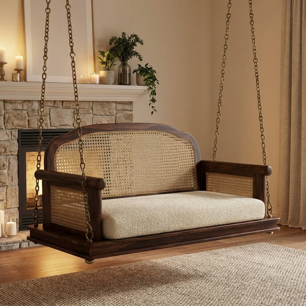 Dark Walnut 2 Seater Wooden Swing with Crème Boucle Upholstery | PRITI