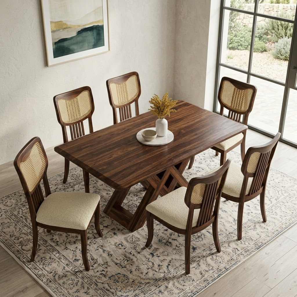 PRITI rectangular dining table with boucle upholstered chairs