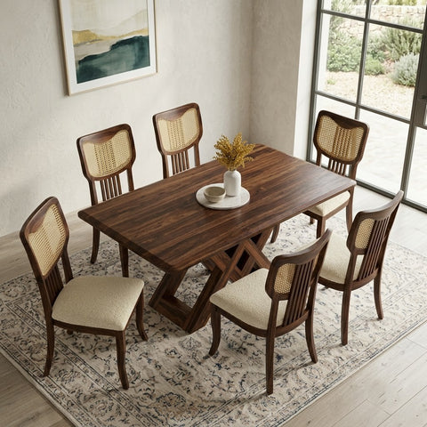 PRITI rectangular dining table with boucle upholstered chairs