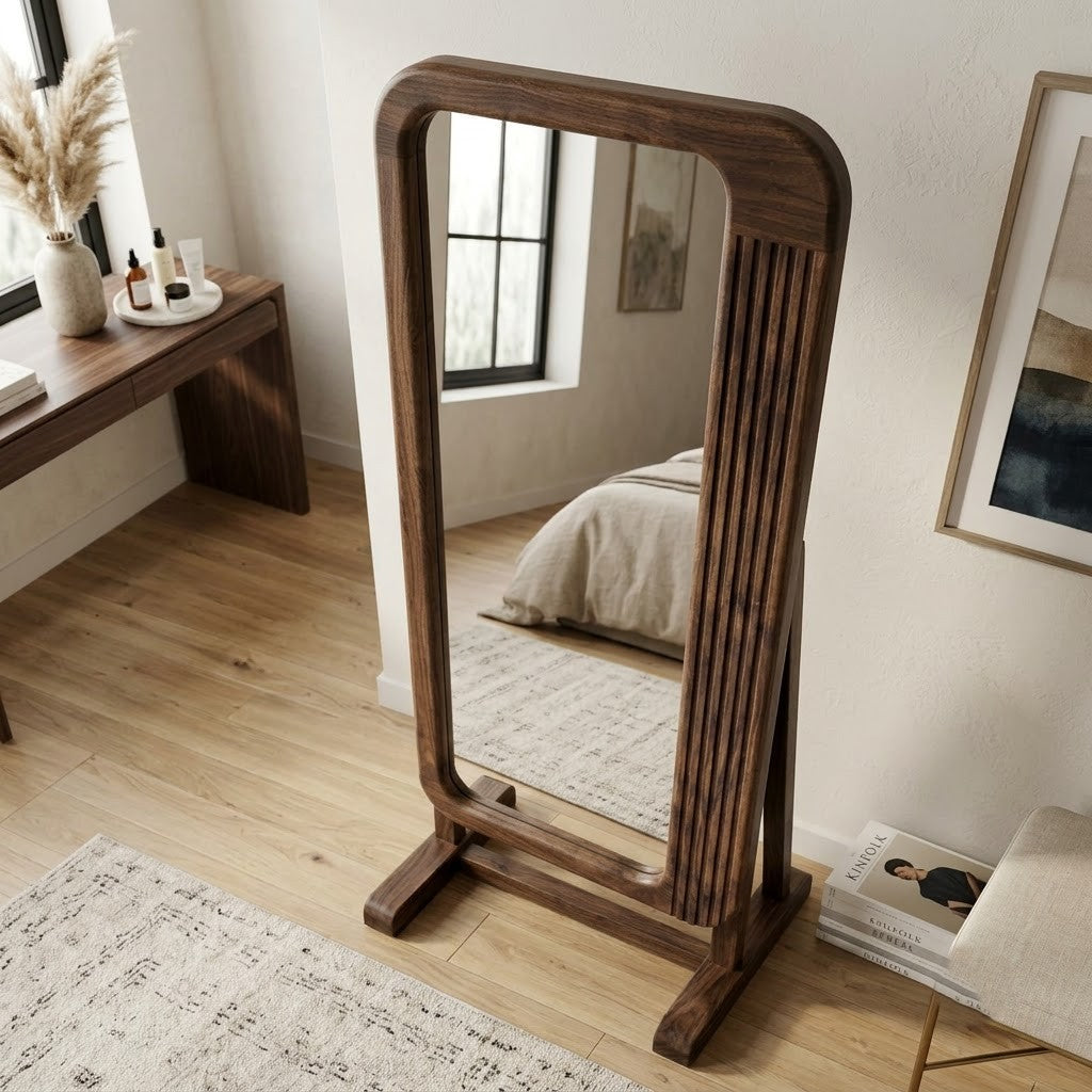 Dark Walnut Full Length Wooden Mirror for Living Room