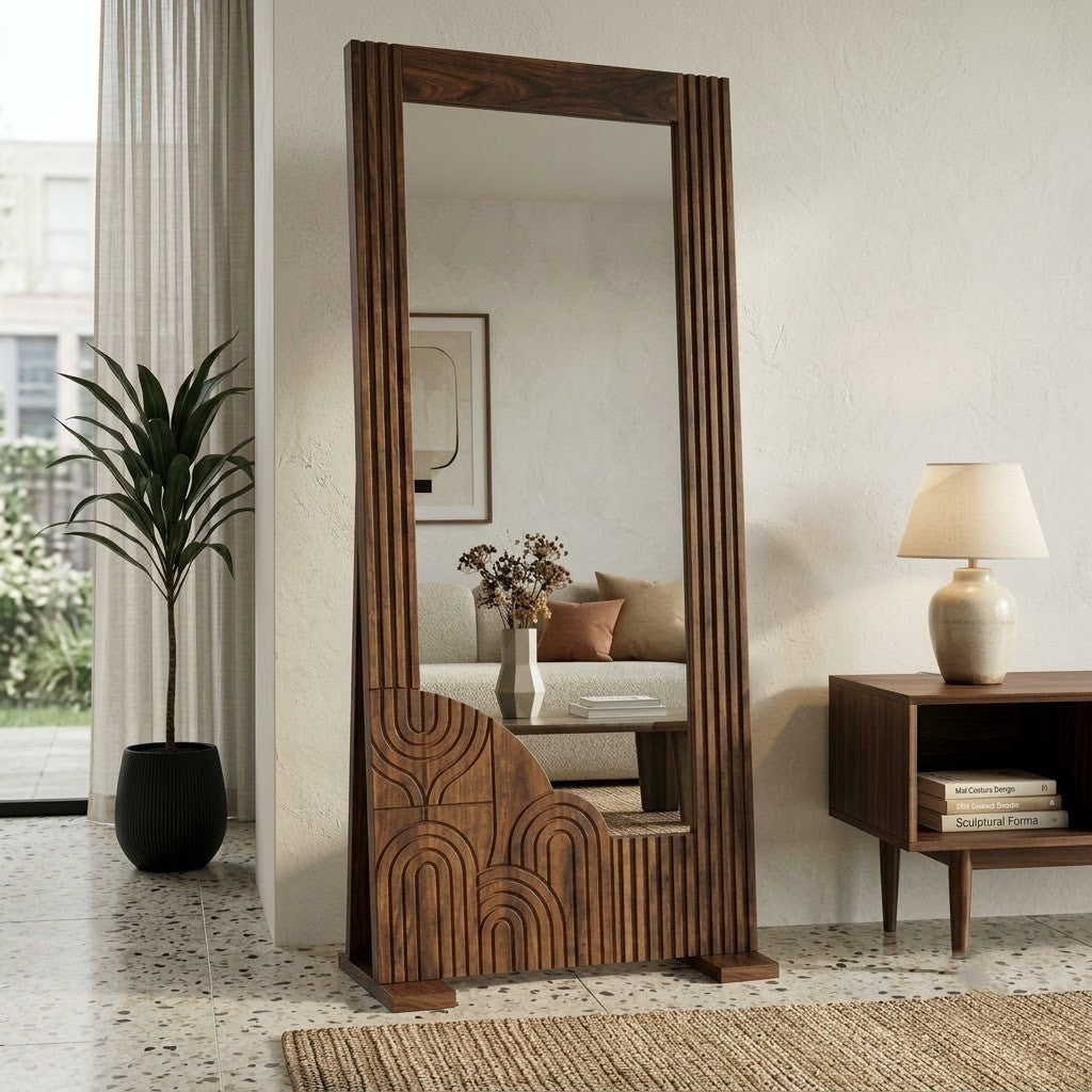 Dark Walnut Full Length Wooden Mirror for Living Spaces