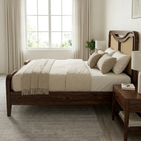 Dark Walnut Sheesham Bed with Artisan Woven Headboard