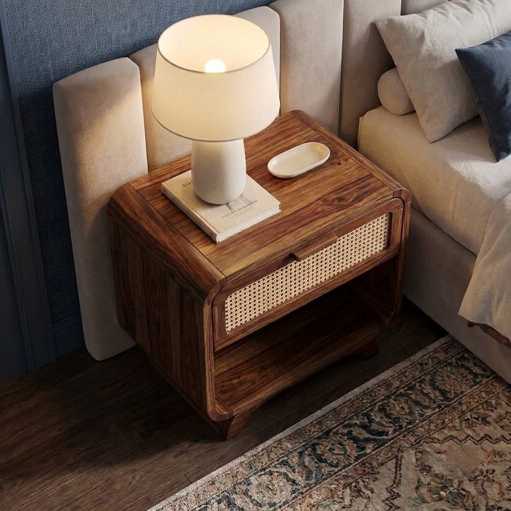 Dark Walnut Sheesham Bedside Side Table with Premium Storage