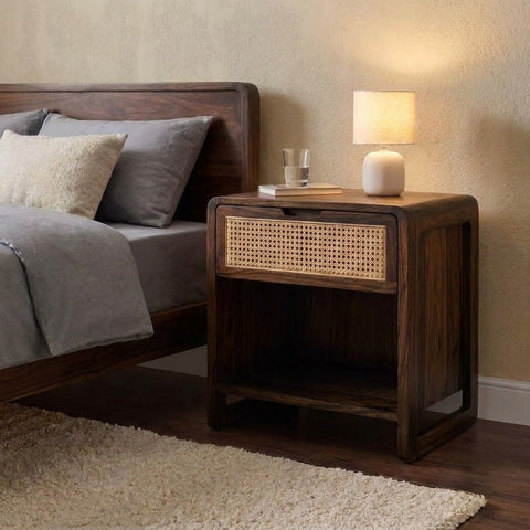 Dark Walnut Sheesham Nightstand with Storage for Bedroom