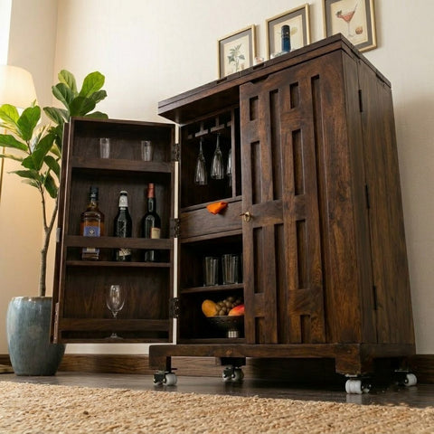 Dark Walnut Sheesham Wood Bar Cabinet for Home | PRITI Home Wooden Bar Cabinet