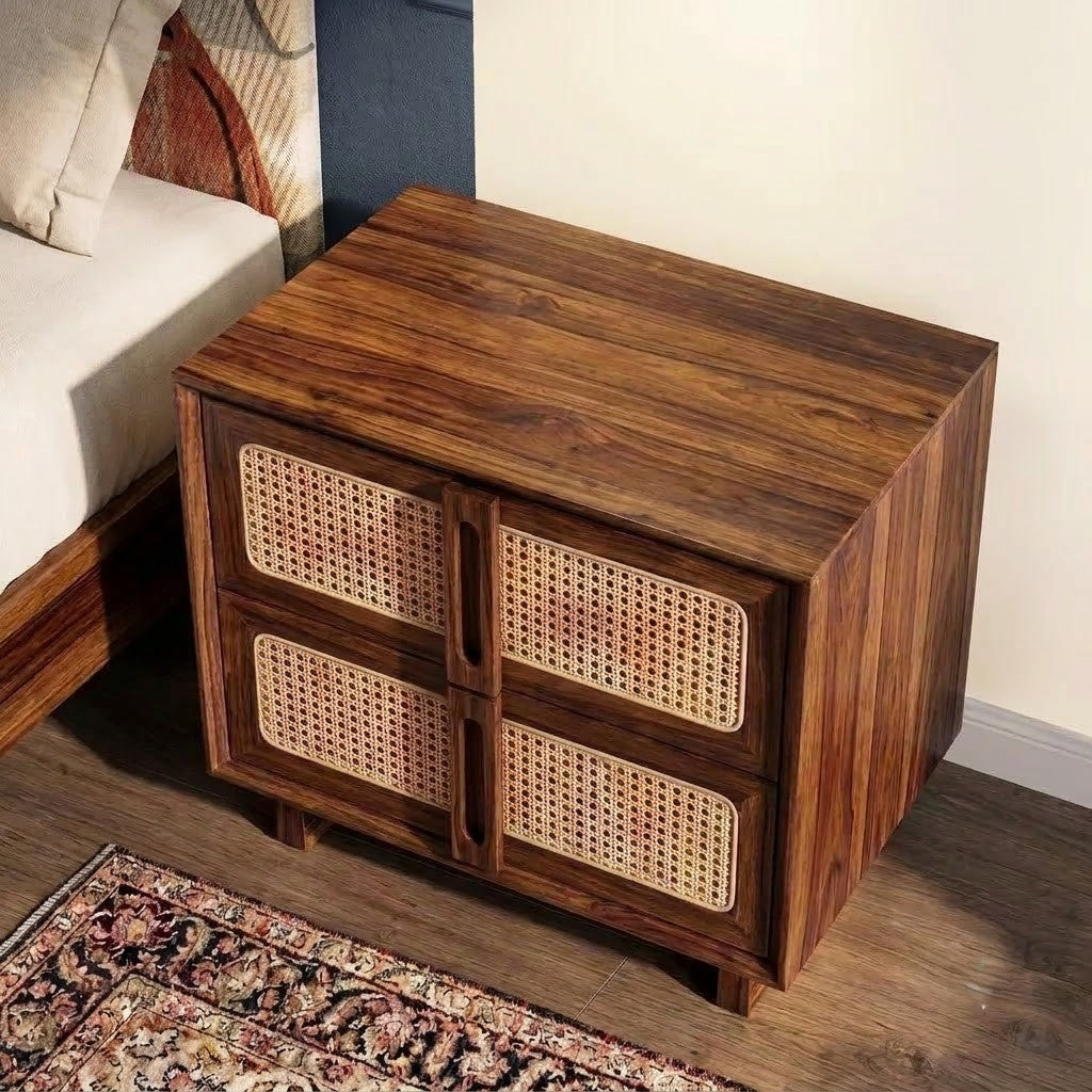 Dark Walnut Sheesham Wood Bedside Cabinet with Cane Storage