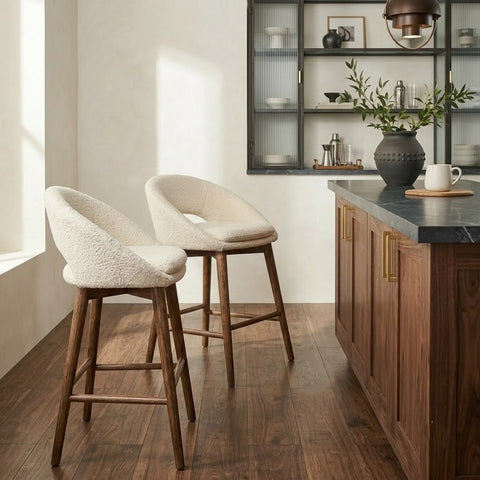 Dark Walnut Sheesham Wood & Cream Boucle Upholstered Counter Bar Stool | PRITI Home