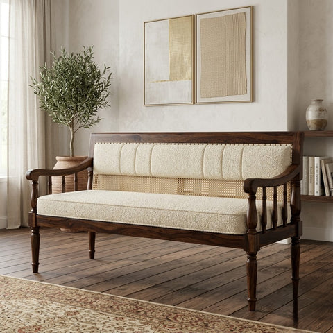 Dark Walnut Sheesham Wood Living Room Bench with Slatted Backrest