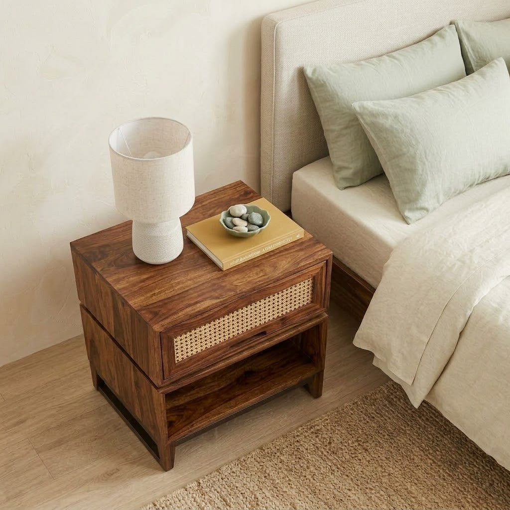 Dark Walnut Sheesham Wood Nightstand with Open Storage Shelf