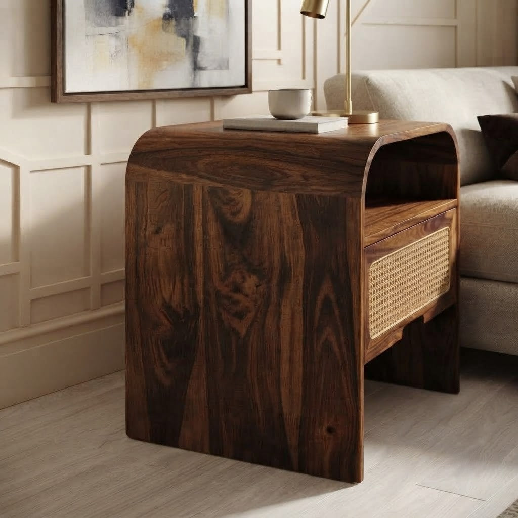 Dark Walnut Sheesham Wood Nightstand with Storage