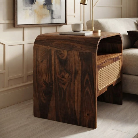 Dark Walnut Sheesham Wood Nightstand with Storage